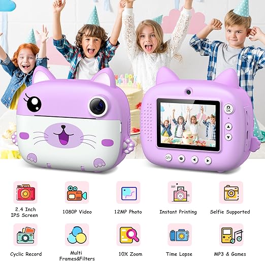 Kids Instant Print Camera – 2.5K HD Video, Zero-Ink Thermal Printing, Selfie Lens & 32GB SD Card Included
