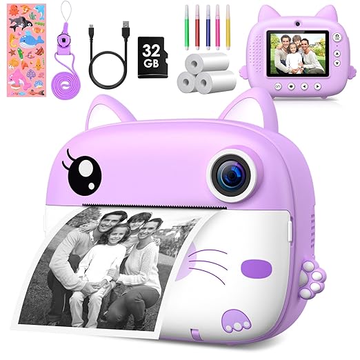 Kids Instant Print Camera – 2.5K HD Video, Zero-Ink Thermal Printing, Selfie Lens & 32GB SD Card Included