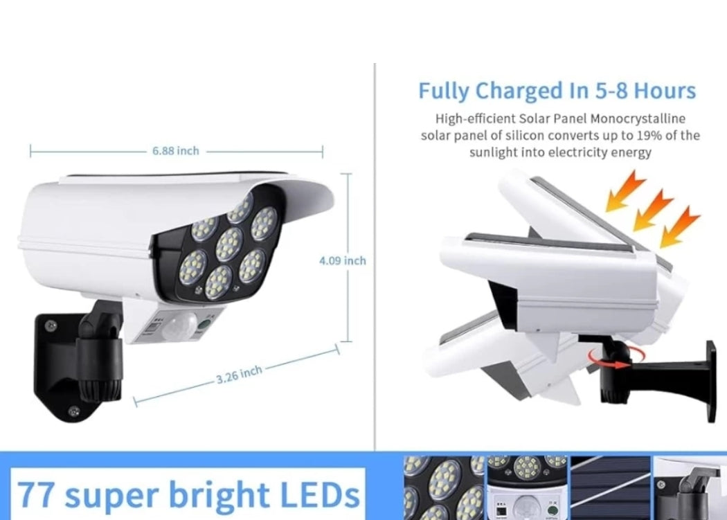 2-in-1 Solar Security Spotlight – Realistic Mock-CCTV Design, 77 Bright LEDs & Motion Sensor with Remote Control