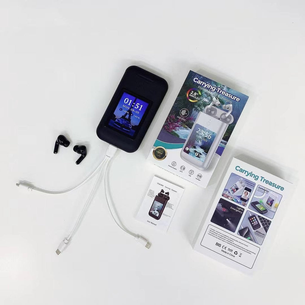 3-in-1 Smart Power Bank – High-Capacity Portable Charger with Integrated Wireless Earbuds & LED Smart Display