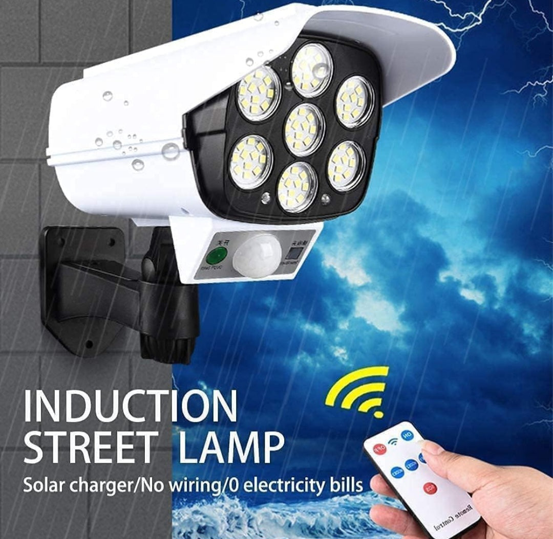 2-in-1 Solar Security Spotlight – Realistic Mock-CCTV Design, 77 Bright LEDs & Motion Sensor with Remote Control
